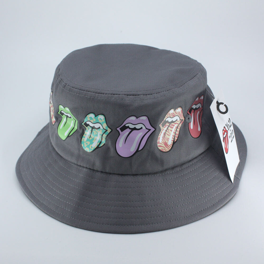 The Rolling Stones Unisex Cotton Bucket Hat - Multi-Tongue Pattern - Grey  L/XL